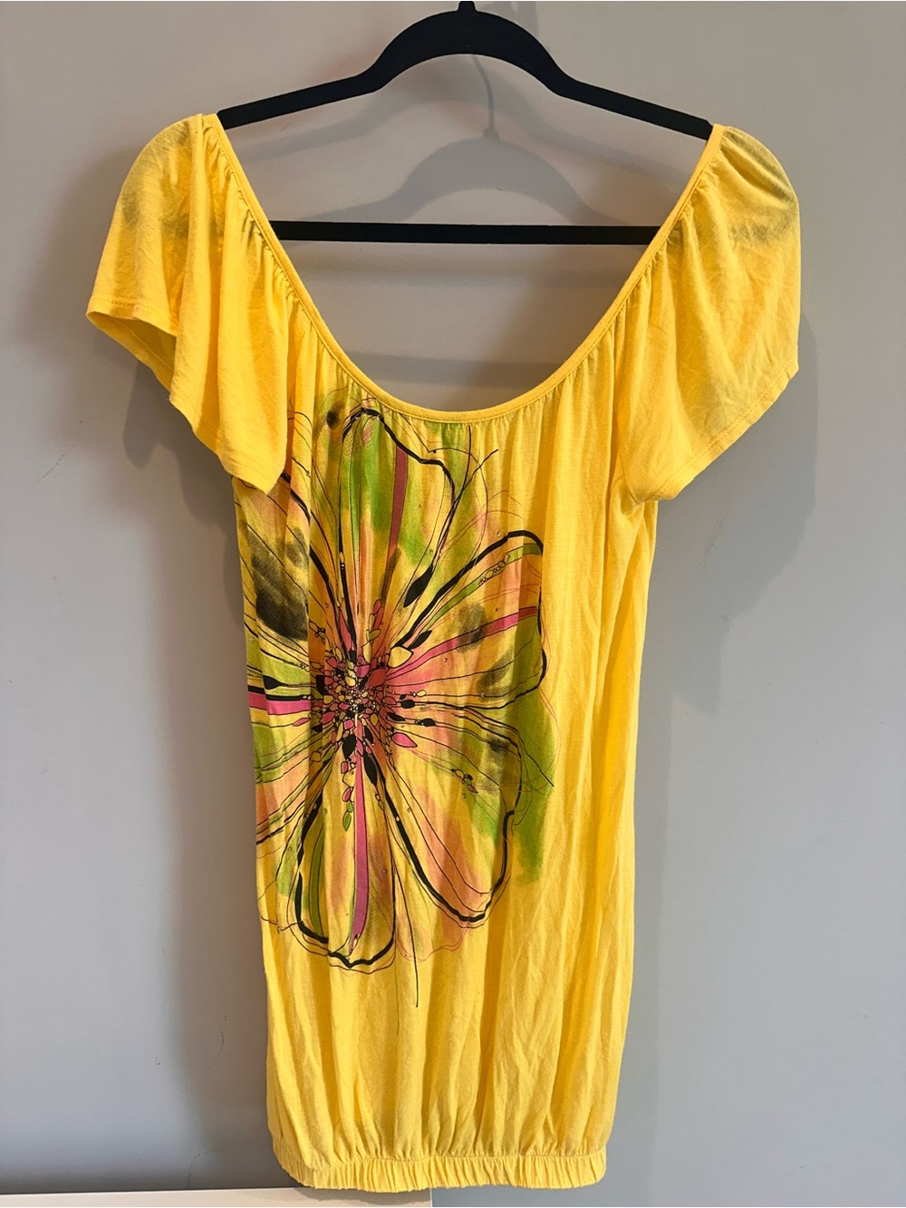 NWOT Yellow Floral with Rhinestone-center Top, Size Medium.